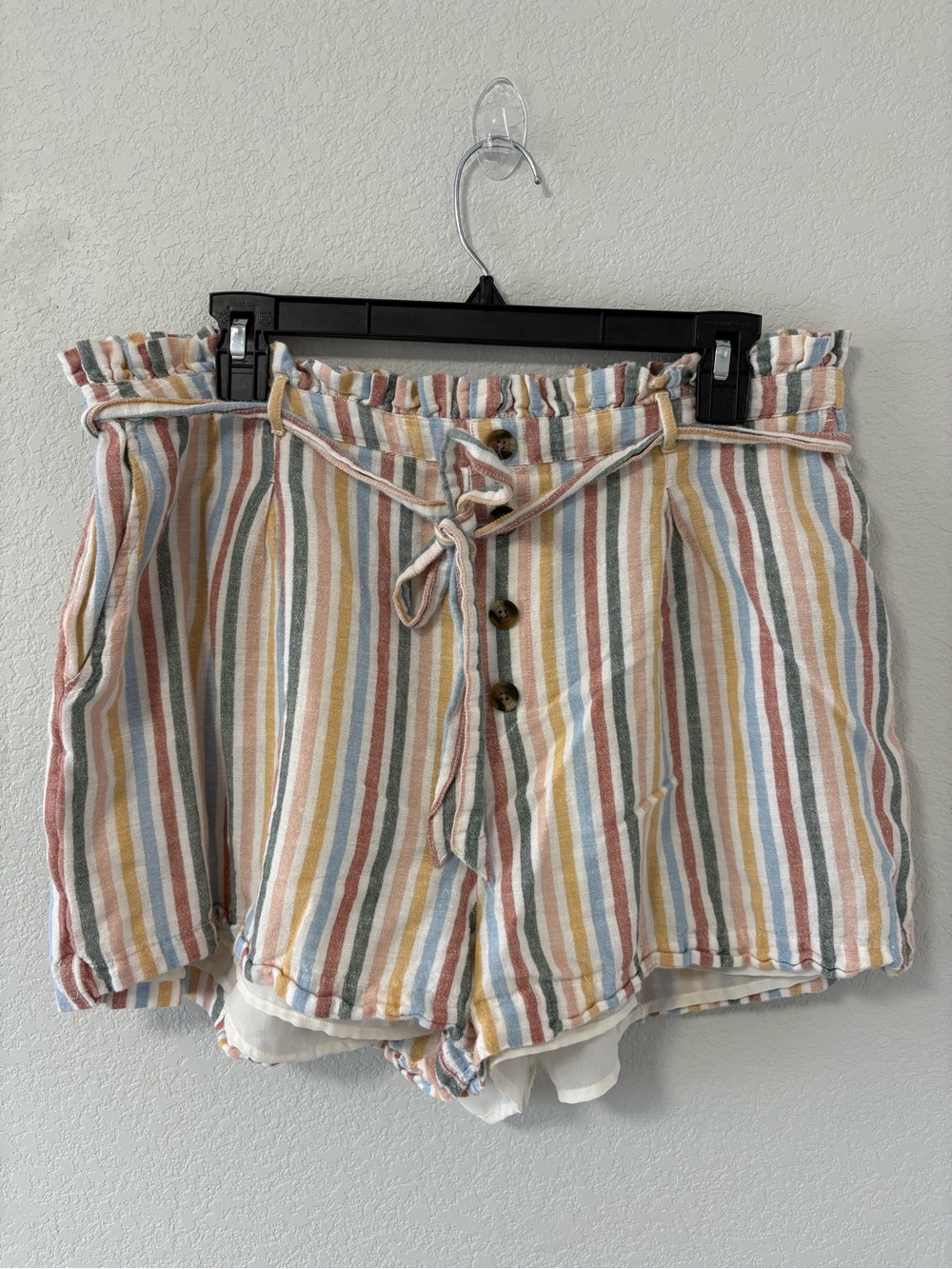 American Eagle Striped Linen Blend Paperbag Shorts XL Tie Waist Button Front